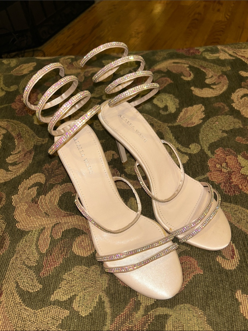 Azalea Wang Beaded Spiral-Strap Heeled Sandals - Pearl Pink